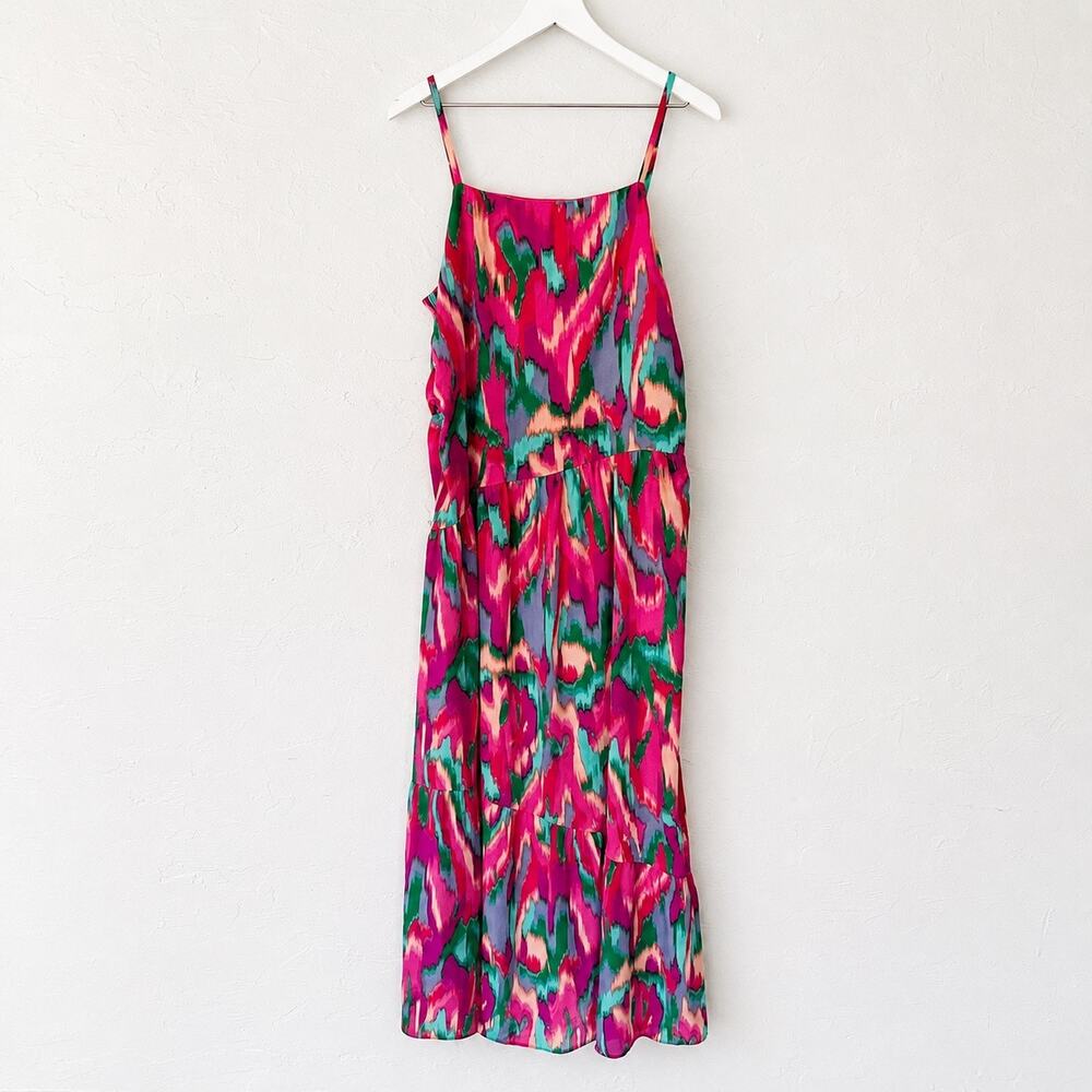 Donna Morgan Pink Green Abstract Ikat Tiered Maxi Sundress NWT 16